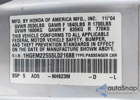 2005 Honda Civic Lx z USA, uszkodzony, nr VIN 1HGEM22555L021688